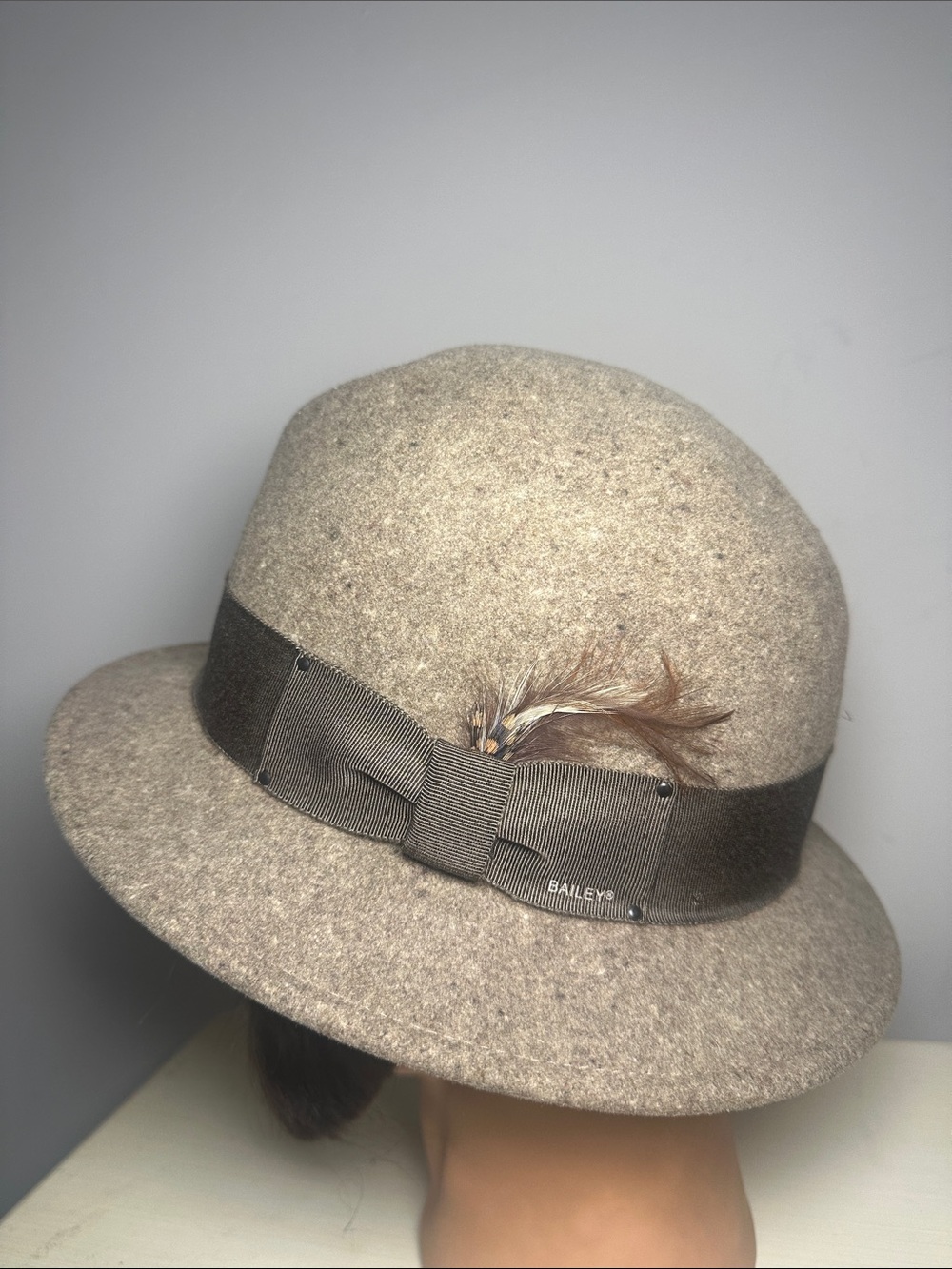 Bailey of Hollywood Wool with feather Tino derby bowler Hat in Taupe with Brown